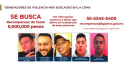 De acuerdo con las fichas de búsqueda dadas a conocer por la FGJCDMX ellos son Eduardo Ramírez Tiburcio, “El Chori”, por quien se ofrecen 5 mdp; Fabián Osvaldo Solís Vieyra, “El Cachorro”, 3 mdp; Jesús Uriel Salgado Suárez, “El Tuto”, 750 mil pesos; José Francisco Contreras Martínez, 500 mil pesos; y Axel Esli Espinoza García, un millón de pesos. FOTO: FGJCDMX