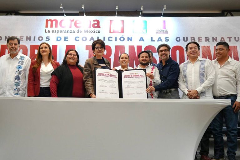 Morena y los partidos Verde Ecologista de México (PVEM) y del Trabajo (PT) firmaron el convenio de coalición para ir juntos en el proceso electoral de 2024 para renovar la Jefatura de Gobierno de la Ciudad de México. FOTO: Morena CDMX