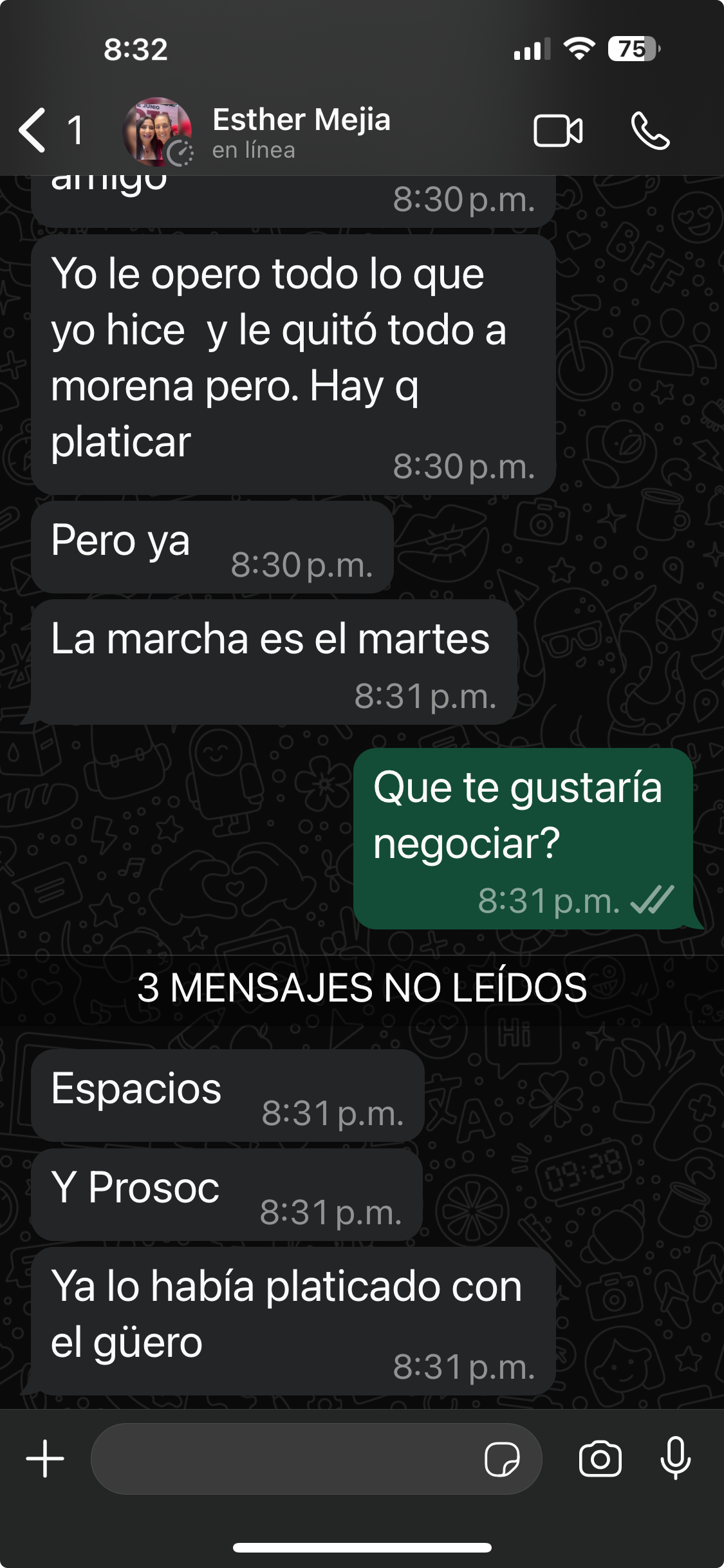 La candidata de Movimiento Ciudadano vino a confirmar que su partido es palero, esquirol de Morena, porque anunció su “declinación” a favor de Casarín, y dijo que se iba a la campaña de Sheinbaum. En realidad, no “declinó” por Lía Limón porque le pedía a cambio que “El Güero” (Taboada) le diera la Procuraduría Social y le dijeron que no. Aquí los mensajes de la candidata por Whats.