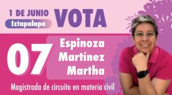 Martha Espinoza Martínez, candidata a magistrada de circuito en materia civil por el Distrito 01 de Iztapalapa, identificada en boleta rosa con el número 07, propone impulsar la creación de un organismo civil, apartidista, ciudadano, para regular la actividad de los abogados en el país y así la justicia funcione.