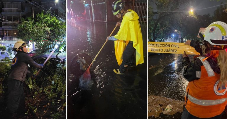 Personal de la alcaldía Benito Juárez de la estrategia Blindar BJ360°, Protección Civil y Servicios Urbanos trabajan ininterrumpidamente desde tarde de ayer para atender los 28 puntos con afectaciones derivadas de las intensas lluvias en la Ciudad.